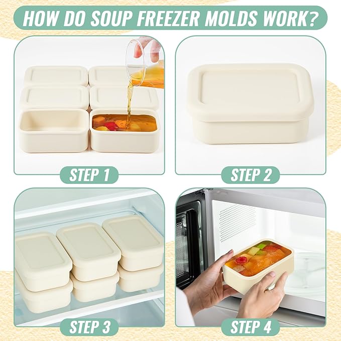 Teenyyou 6 Packs Silicone Soup Freezer Molds with Lid Silicone Soup Freezer Trays Rectangle Reusable Food Preserving Tray Freezing Sauces Stews (Beige,2 Cup)