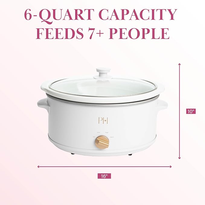 Paris Hilton 6-Quart Manual Slow Cooker, Naturally Nonstick Stoneware Ceramic Insert, Three Settings (Low, High, Warm), Dishwasher Safe Family Size Slow Cooker, White
