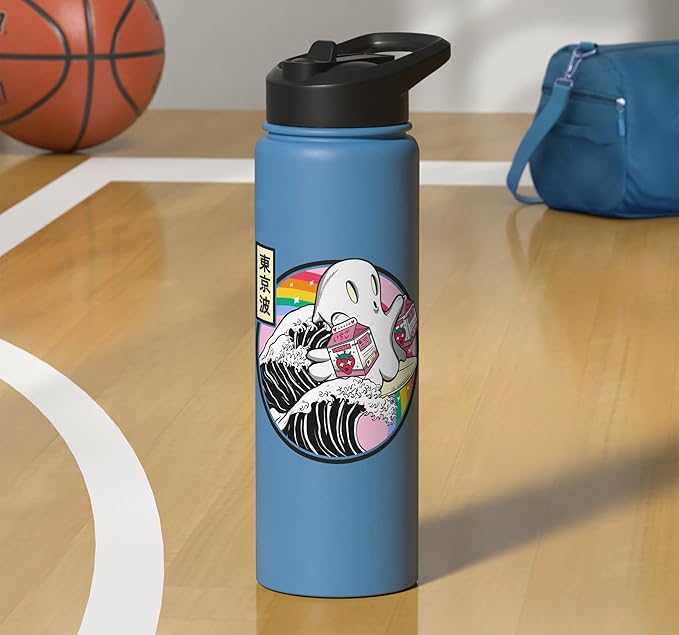Surfing Ghost With Strawberry Milk Cartons Kawaii Vaporwave Stainless Steel Insulated Water Bottle