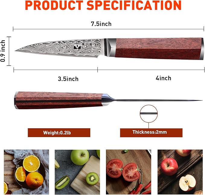 Damascus Paring Knife 3.5-inch Fruit and Vegetable Paring Knife 67-Layer Damascus with VG10 Cutting Core Peeling Knife with Full Tang Ergonomic Natural Wood Handle for Peeling
