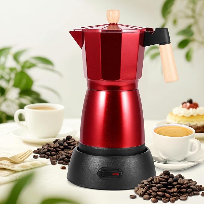 Moka Pot Electric Espresso Coffe Maker, 300ml 6 Cups Portable Coffee Pot with Overheat Protection and Detachable Base, Electric Espresso Maker, 450W, Red