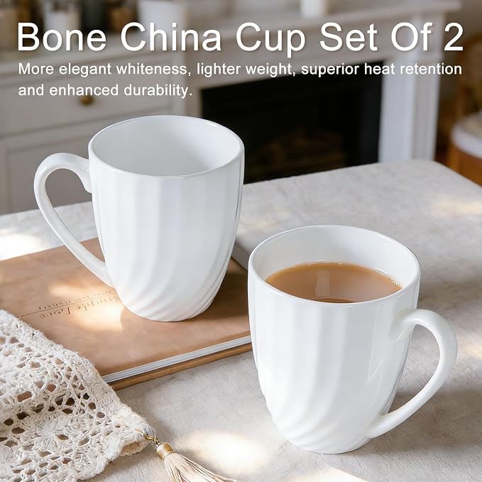Fine Bone China White Coffee Mugs Set of 2 (12 oz), Ceramic Spiral Pattern Tea Cups, Thin China Coffee Cups, Lightweight Coffee Mugs for Hot Chocolate, Latte, Cappuccino