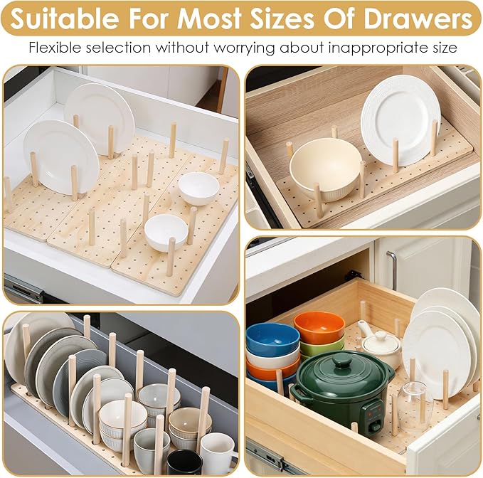 4 Pcs Pegboard Drawer Organizer with 48 Pegs, 20.98x5.91 Inch Wooden Peg Board Kitchen Plate Organizer for Drawer Pegboard Storage Rack with Adjustable Peg for Tableware, Plate, Bowl, Cookware
