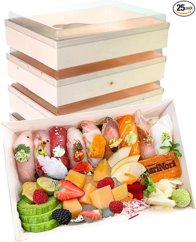 Disposable Wooden Bento Food Containers, Rectangular Takeout Bento Boxes with Lids, 25pcs Oil-Proof & SpillProof Popular To Go Containers for Parties [9.4"x6.9"x2.3"]