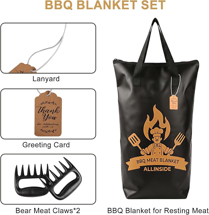 Allinside BBQ Blanket for Resting Meat - Extra Large Insulated Meat Resting Bag with 2 Meat Shredder Claws, Greeting Card & Lanyard | Reusable Grilling Accessory for Brisket, Pork, Turkey