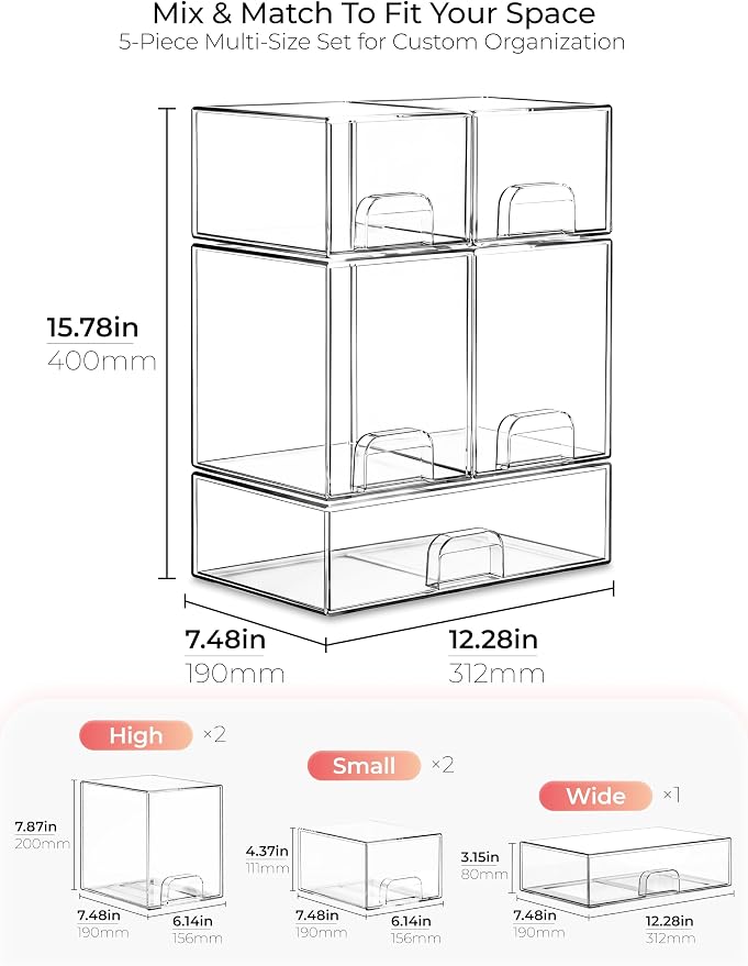 Stackable Storage Drawer Organizers Set of 5 for Bathroom Organizer Storage | Clear Plastic Organizer Bins for Baby Bottle, Kitchen Under Sink, Laundry, Pantry, Beauty, Cabinet, Medicine, Office Supplies