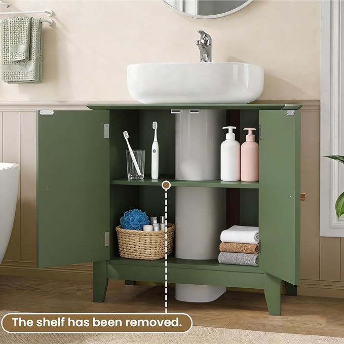 Under Sink Bathroom Cabinet with U-Shape Cutout for Pedestal Sink, Storage Cabinet with 2 Doors, Adjustable Shelf, Freestanding Floor Cabinet, Space-Saving Organizer for Bathroom (Green)