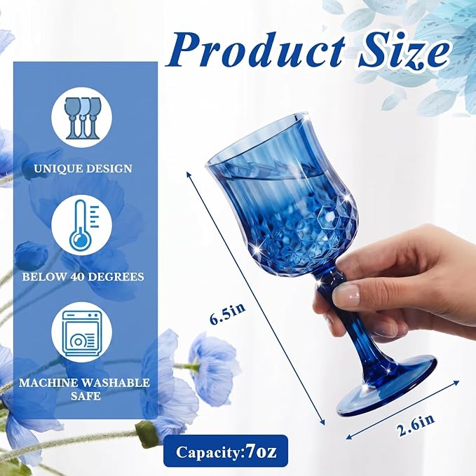 Pinkunn 12 Pcs 7 oz Plastic Vintage Wine Glasses Reusable Colored Goblets Patterned Drinking Water Glasses Cup Dishwasher Safe for Mother's Day Wedding Reception Party Supplies (Dark Blue)