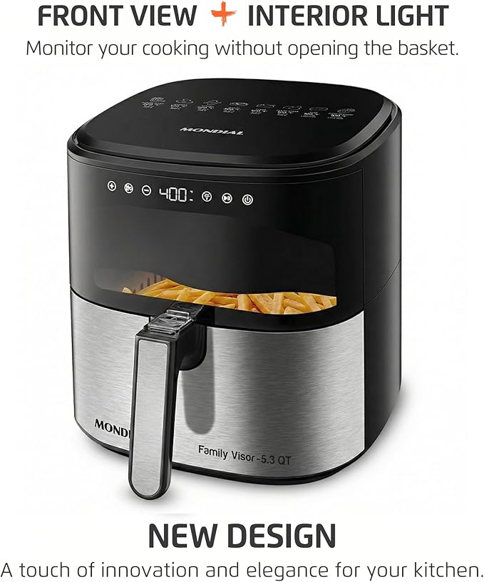 Mondial - Air Fryer Digital Visor Inox 5.3QT Capacity - High Power & Elegant Stainless Steel Finish - Black & Inox
