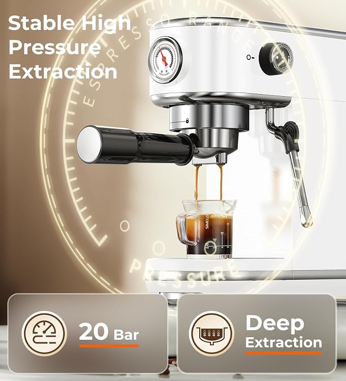 Atatix 20 Bar Espresso Machine with Milk Frother, Professional Compact Espresso Maker, Stainless Steel Coffee Machine with Precise Temp Control & 44oz Removable Water Tank for Latte, Cappuccino, White