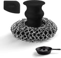 Cuisinel Cast Iron Chainmail Scrubber + Pan Scraper - Deluxe Ergonomic Stainless and Silicone Cleaner for Pots and Skillets - Food-Safe Design - Easy to Clean Dishwasher Safe Cookware Sponge Accessory