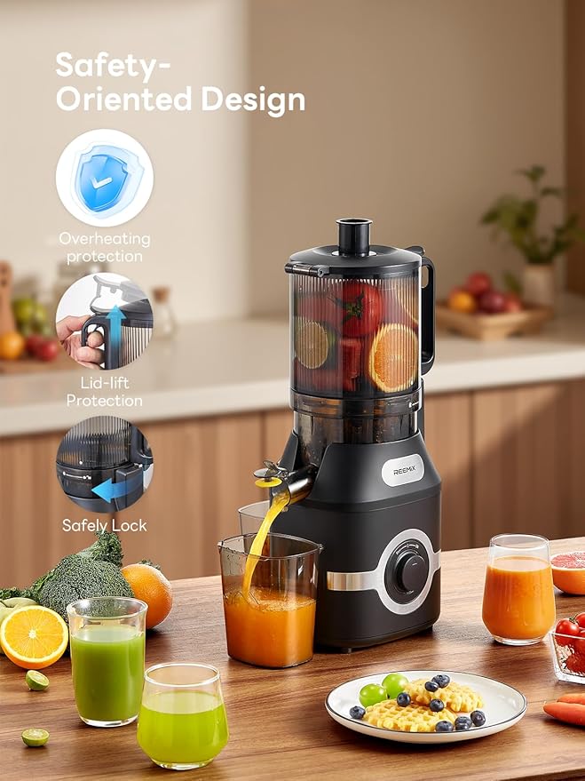 Reemix Juicer Machine with Large Feed Chute, Slow Masticating juicer with Dual Safety Locks - Easy to Clean, Detachable Parts, Fruit & Veggie Juicer for Home