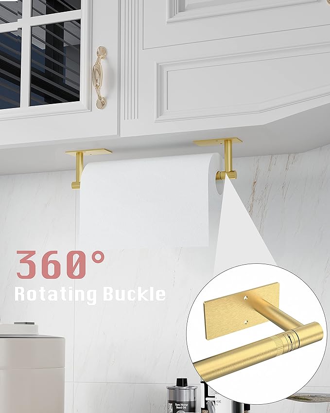 Paper Towel Holder Under Cabinet, Self Adhesive or Wall Mounted SUS304 Stainless Steel Paper Towel Holder for Kitchen, Bathroom, Farmhouse, Barbecue and Laundry (Brushed Gold)