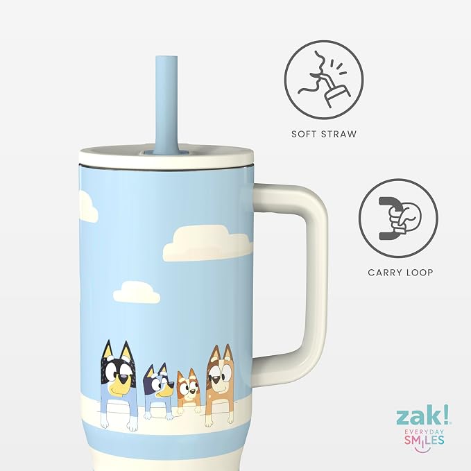 Zak Designs Bluey Sutton Travel Tumbler for On the Go, 30oz Stainless Steel with Vacuum Insulation, Silicone Straw, and Carry Handle for Cold Drinks (Bluey, Bingo, Bandit, Chilli)