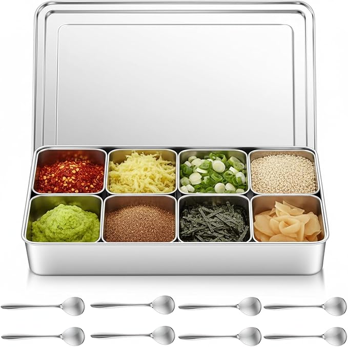Boao 8 Compartment 304 Yakumi Pans Stainless Steel Mise En Place Japanese Yakumi Tins Seasoning Condiment Container with Lids Spoons for Food Meal Prep Organizer for Kitchen Salad Spices Herbs, Masala