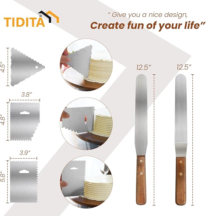 TIDITA 13" Acacia Cake Stand Rotating – Rustic Wood Pedestal Stands Turntable with 2 Icing Spatulas, 3 Smoothers – Wooden Spinning Cake Decorating Serving for Cupcake Dessert Display in Party, Wedding
