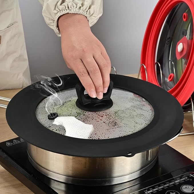 Vented Tempered Glass Universal Lid for Pot Pan Skillet with Heat Resistant Silicone Rim Microwave Splatter Lid Cover Microwave Safe Fit 9.5“ 10” 10.5“ 11” Cookware, Dishwasher Safe Black