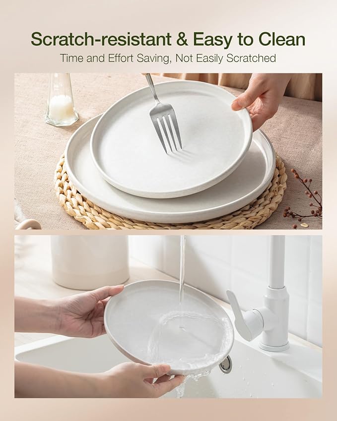 Famiware Milkyway Plates and Bowls Sets, 12 Pieces Dinnerware Sets, Reactive Glaze Dish Set, Stoneware Dishes Set for 4, Matte Beige White & Light Blue