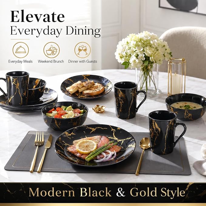 Black and Gold Dinnerware Set 16-Piece – Marble Finish Porcelain Plates and Bowls Sets for 4, Modern Gold Dish Set for Family or Housewarming