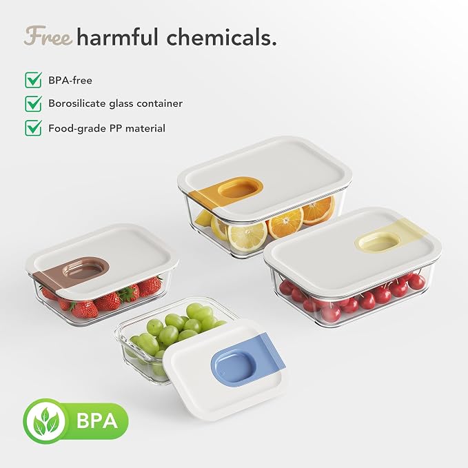 GENICOOK Glass Fruit Storage Containers for Fridge, 4 Pack Borosilicate Glass Food Storage Containers with One-Hand Slide Lid, Airtight Produce Containers, Stackable Fridge Organizer, BPA Free