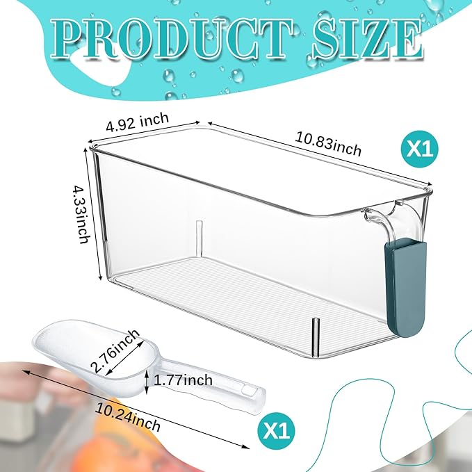 Havawish Ice Bin and Flexible Scoop Set Plastic Freezer Ice Bin with Pull out Handle Storage Bucket Clear for Container with Bucket Scoop(Dark Blue, Clear,10.83 x 4.92 x 4.33 in)
