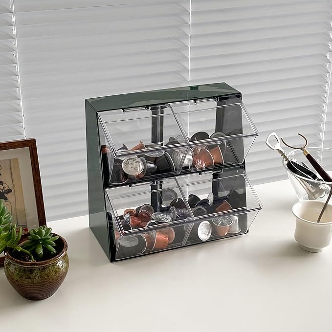 Large Coffee Pod Holder with Lid, Green | Plastic, Coffee Bar Accessories Storage Organizer, For Creamer, K Cups, Tea Bags, Sugar Bag, Drinking Straw