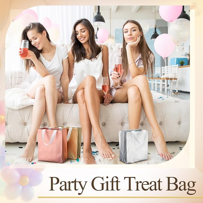 Eccliy Reusable Gift Bags Set Glossy Grocery Gift Tote Bag with Handle for Wedding, Bridal Shower, 4th of July, Summer Event(10 x 8 x 4.7 Inch,Gold,Silver,Rose Gold,80 Pcs)