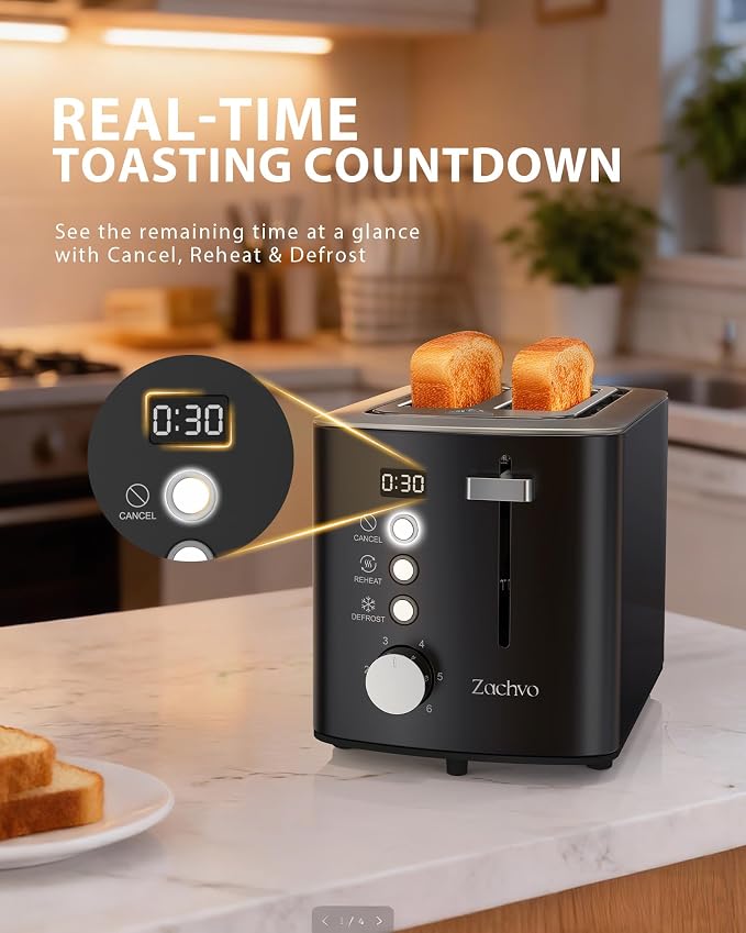 2 Slice Toaster with Wide Slots for Bread & Bagels, Stainless Steel Toaster with Digital Countdown, 6 Shade Settings, Defrost, Reheat & Cancel, Compact Design for Kitchen, Black