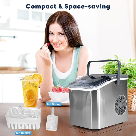 Ice Maker, iceBlue 5 Levels of Bullet Ice Sizes Countertop Ice Maker, 26.5lbs Per Day Ice Machine, 9 Ice Cubes Ready in 9 Mins Stainless Ice Makers Countertop for Home, Kitchen, Gift (Silver)