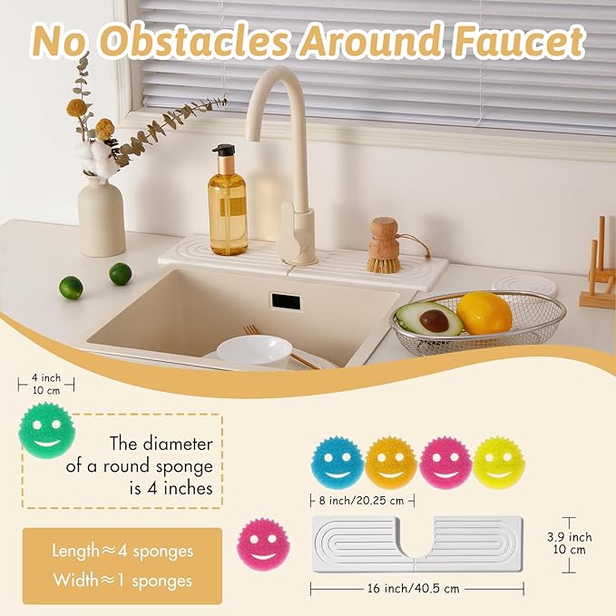 16" Faucet Mat for Kitchen Sink, Long Diatomite Fast Drying Stone Sink Tray, Super Absorbent, Prevents Moisture Buildup, Durable Protector for Kitchen Bathroom Counter, Gift for Housewarming, White