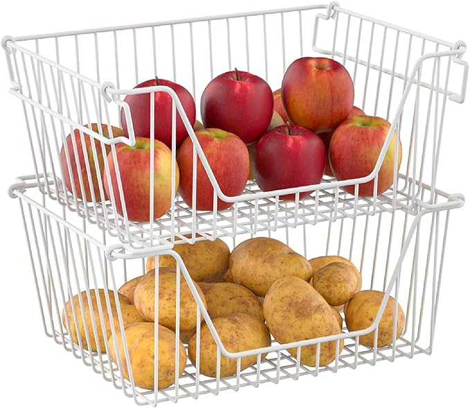 Stackable Wire Metal Baskets Cabinet Organizer Sturdy Metal Wire Pantry Freezer Bin with Handle for Kitchen Fruit Vegetable Organization, White, 3Packs