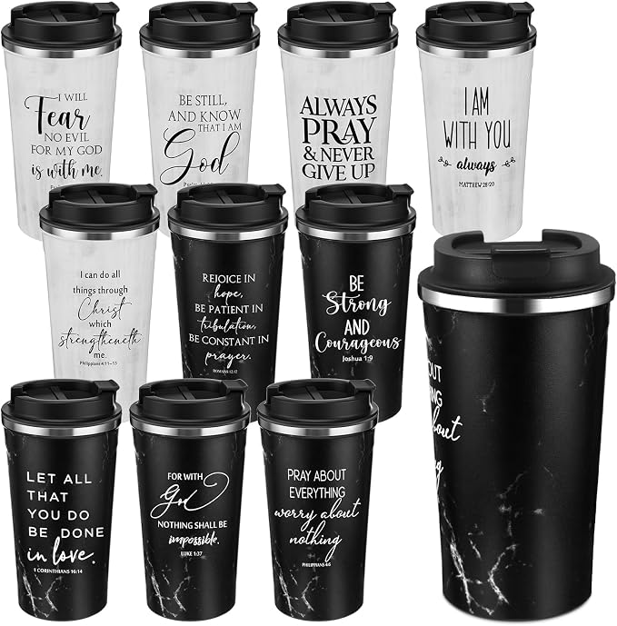 Meanplan 10 Set Christian Fathers Day Church Gifts Bible Verse Tumbler Bulk 17oz Coffee Cup Religious Jesus Tumbler Inspirational Mug for Men Women Teacher (Black and White, Bible Theme)