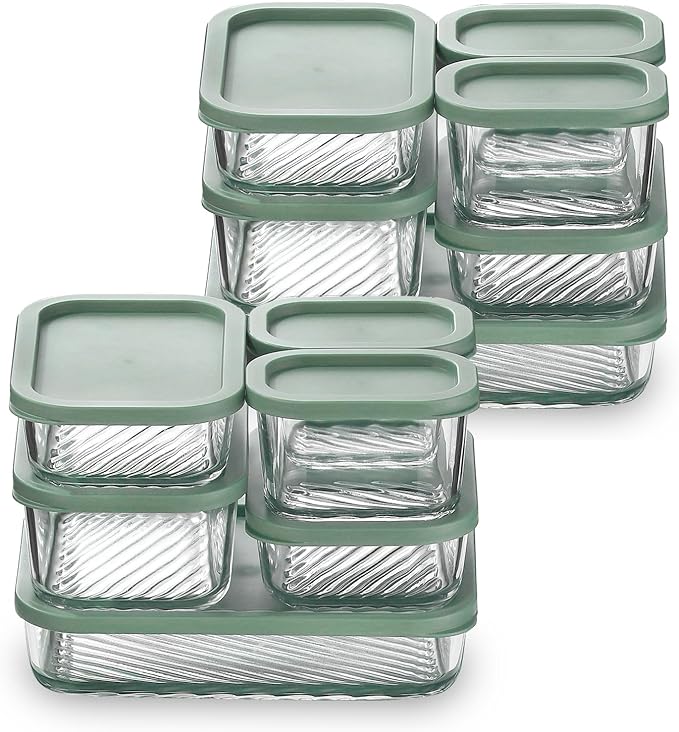 EATEX Grooved Base Glass Meal Prep Containers, 12 Pack Glass Storage Containers with Lids for Meal Prep & Lunch, Microwave Oven Freezer Dishwasher Safe, Anti Moisture Non-Stick Design - Sage Green