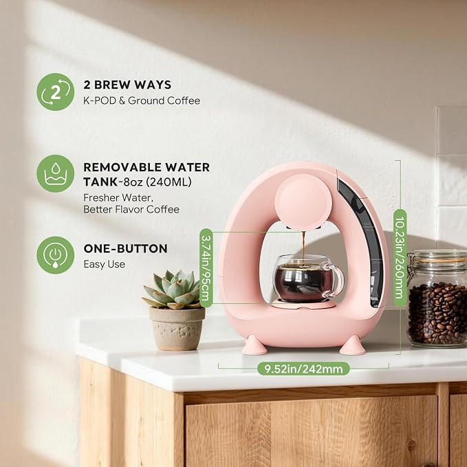 Single Serve Coffee Maker 2 in 1, 1400W Fast Brewer for K-Cup Pods & Ground Coffee, One-Touch Americano & Tea Machine with 2 Reusable Filters, Compact Design for Home Office RV Dorm