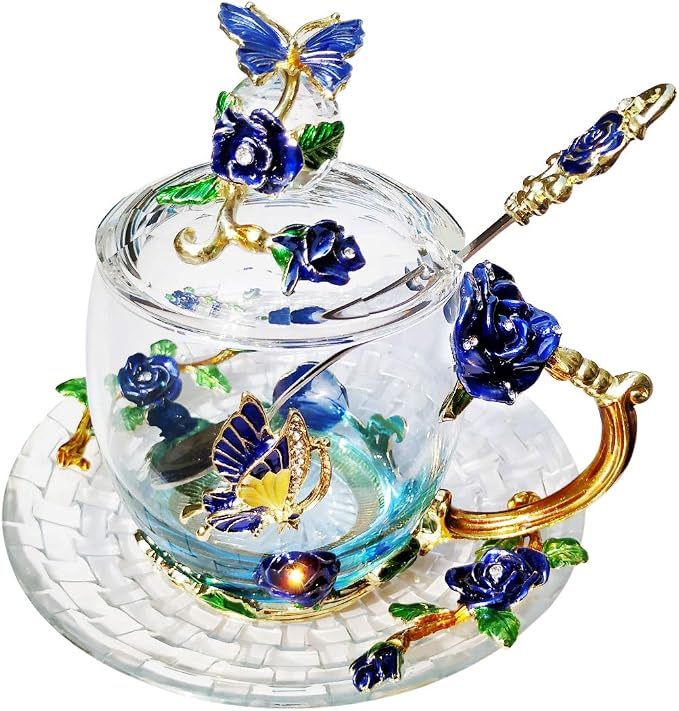 Christmas Gift Coffee Mug Tea Cup with Lid Saucer Birthday Gift for Women Friend Mother's Valentine's Day Rose Butterfly Cup Wedding Anniversary(Short Blue)