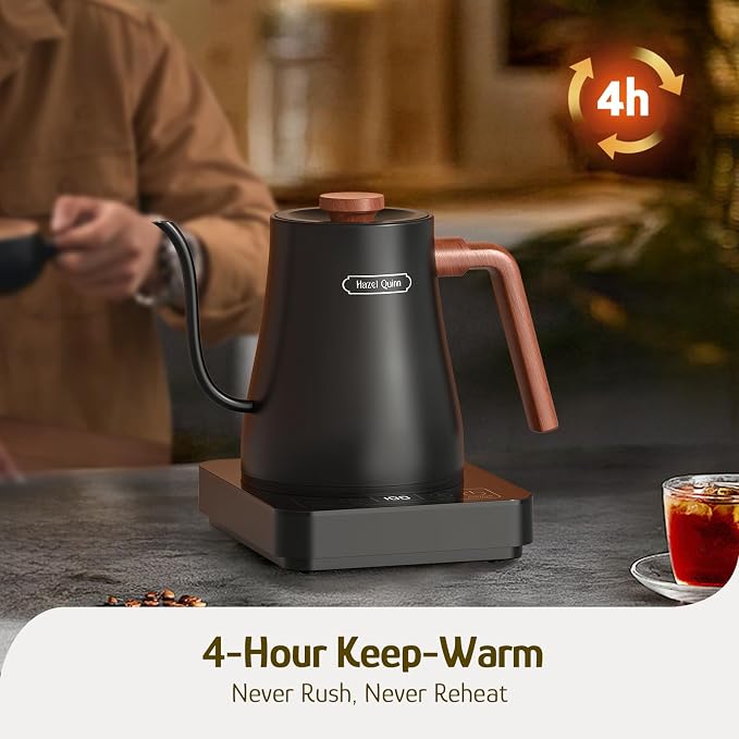 Hazel Quinn Gooseneck Electric Kettle - 0.8L / 27oz, Precise Temperature Control, 4-Hour Keep Warm, 1000W Fast Boil, 304 Stainless Steel Interior, Ideal for Coffee & Tea - Black