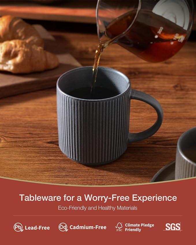 famiware Coffee Mug Set for 4, Star 12 oz Catering Mugs Cup Set with Handle for Coffee, Tea, Cocoa, Milk - Ceramic Stoneware Drinkware Set, Matte Dark Charcoal