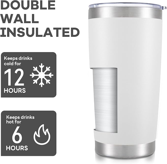 20 oz Tumbler with Lid Stainless Steel Insulated Tumblers Bulk Double Wall Vacuum Cups Powder Coated Travel Mug Keep Drinks Cold and Hot, White, 12 Pack