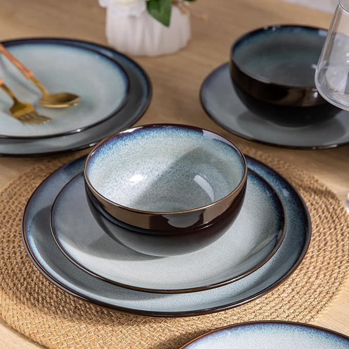 LeRatio Ceramic Dinnerware Sets for 6,Stoneware Plates and Bowls Sets,Handmade Reactive Glaze Dishes Set,Chip Resistant and Scratch Resistant | Oven&Dishwasher & Microwave Safe-Gray White(18PCS)