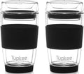 Double Wall All Glass Tumbler - 8-Ounce, Reusable Insulated Tea/Coffee Mug & Lid, Hand Blown Glass Travel Mug - Black - 2 Pack