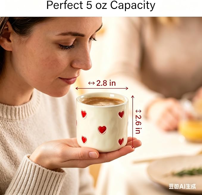 Espresso Cups Set of 4-5oz Ceramic Demitasse Cups with Red Heart Dots, Textured Non-Slip Surface for Grip, Small Coffee Mugs for Espresso, Latte, Cappuccino Home Barista, Dishwasher Safe