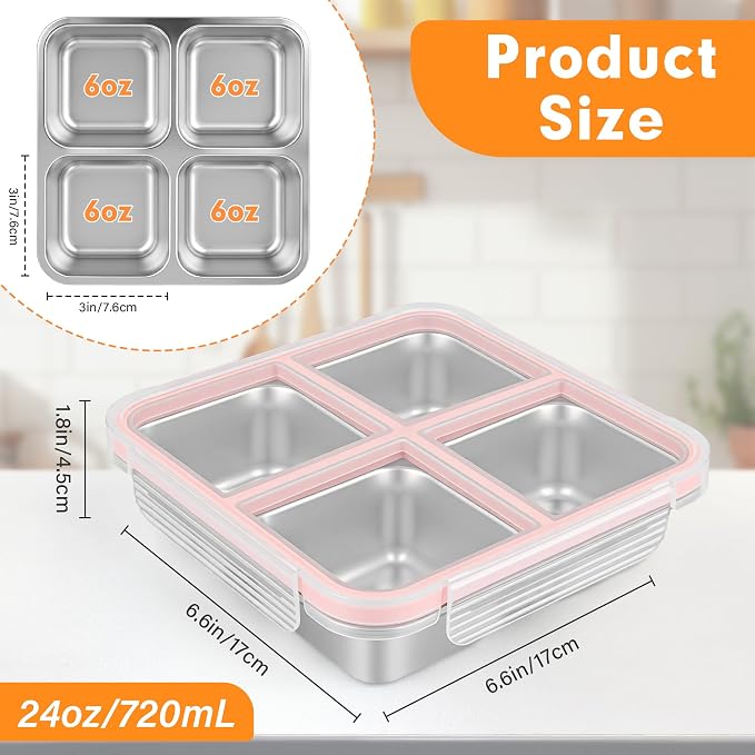 2 Pack Stainless Steel Snack Containers with Lids, Leakproof 4 Compartment Bento Lunch Boxes, Reusable Metal Meal Prep Food Storage Containers, Dishwasher Safe for Work, Travel, Picnic