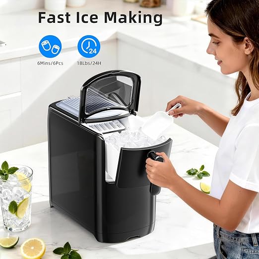 Electactic Countertop Ice Maker Machine 18lbs/24H, 6-Min Fast Bullet Portable Ice Maker, 6.69” Slim Space-Saving with Auto-Drain Drawer, Self-Cleaning, Scoop for Kitchen RV, Black