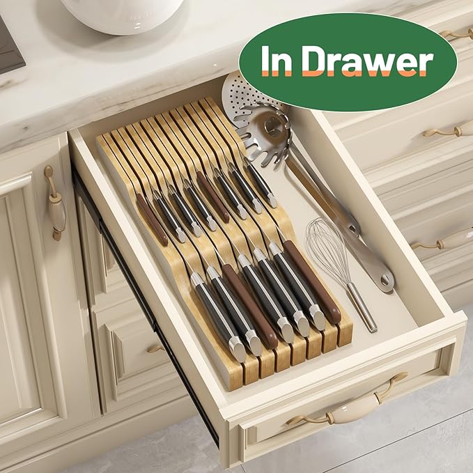 Large Knife Drawer Organizer Insert, Bamboo Wood Knife Holder, Knife Block Hold up To 15 Knives