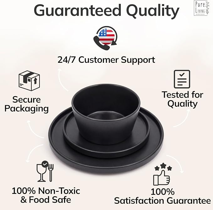 Stoneware dinnerware set 4 persons 12 pcs – Matte black plates and bowls set – Dishwasher, microwave and scratch resistant – Bowl and plate set – Dinner service Pure Living
