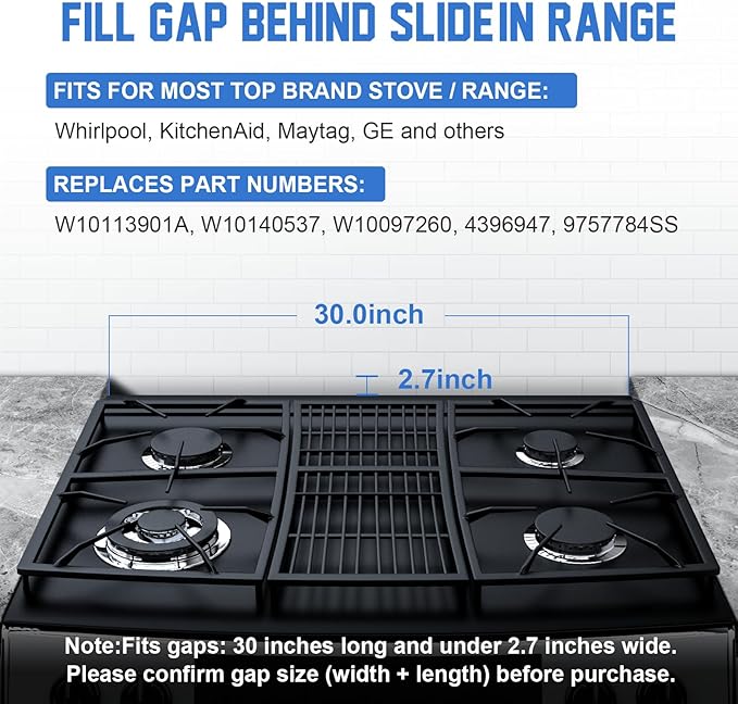 30" Slide-in Range Rear Filler Kit W10113901A, Stove Gap Universal Triangular Filler Strip, Cooktop Trim Kit Between Stove and Backsplash for Whirlpool & Most Brand, Durable Aluminum, Silver