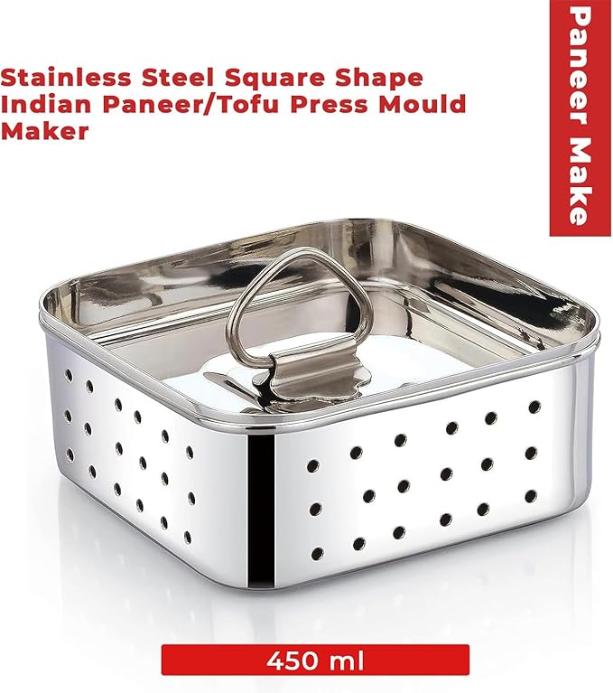 PANCA Stainless Steel Paneer Maker Mould Medium Size, Paneer Press with Lid, Tofu Press Mould Maker, Whey Seperator (Square, 450ml Capacity)