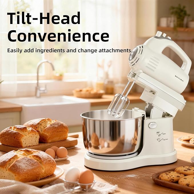 3.2QT 2-in-1 Stand Mixer, Electric Kitchen Mixer with Auto-Rotating Bowl & Tilt-Head, 5-Speed 250W Turbo Baking Machine for Beginners with Beater & Dough Hook for Cookie, Bread, Cake (White)