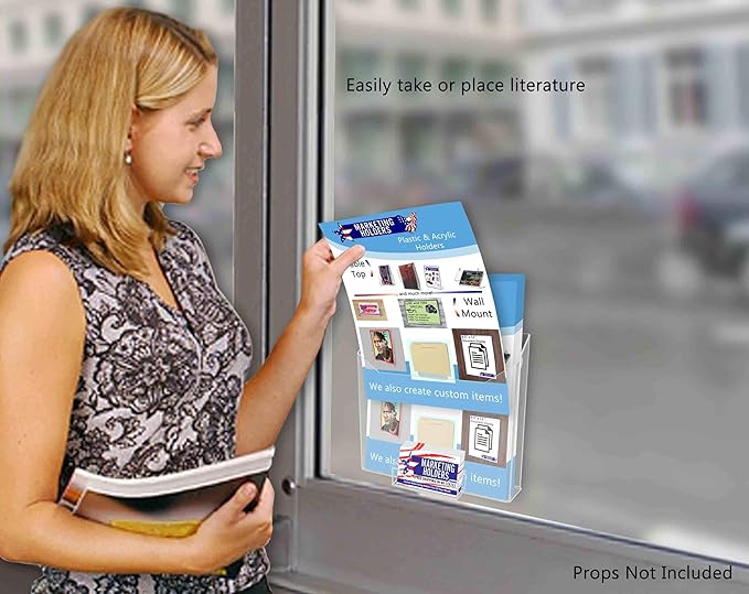 Marketing Holders 6 Pack Suction Cup Brochure Holder for 8.5" Wide Flyers and 3.5" x 2" Business Cards Clear Acrylic Window or Glass Wall Mount Display for Reception Areas Schools and Libraries