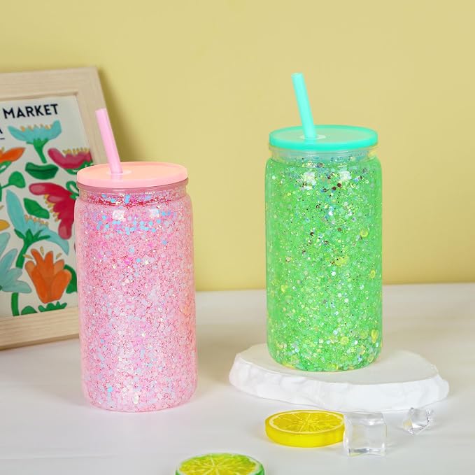 16 oz Plastic Snow Globe Tumbler, 8 Pack Double Wall Snowglobe Tumbler with Pre Drilled Hole, Plastic Mason Jar Cups Can for Snow Globe Glitter DIY (Mixed Colors)